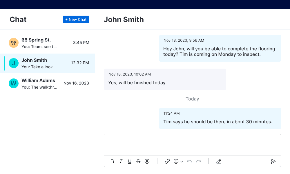 Buildertrend messaging interface showing direct communication between client and construction team