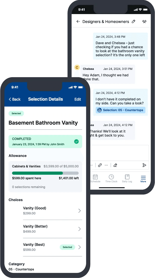 Buildertrend mobile app showing selection approvals and team messaging on iPhone