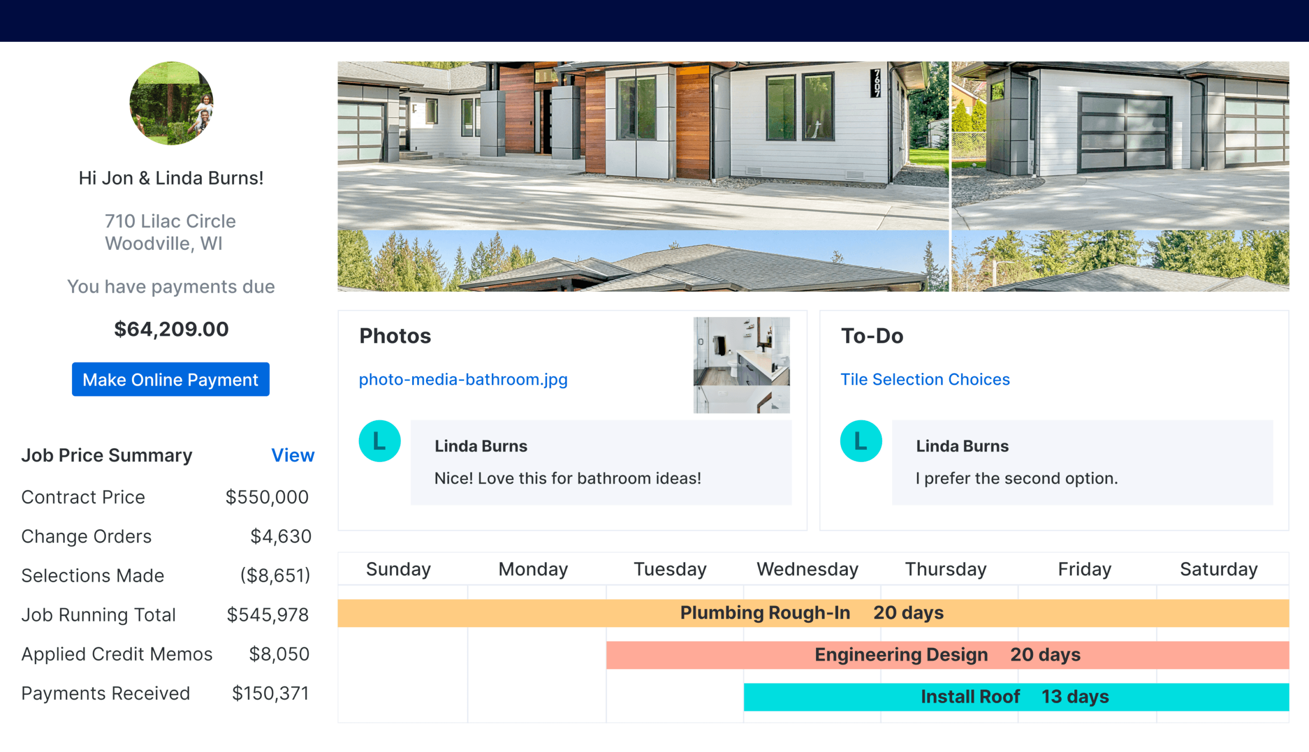 Buildertrend client portal dashboard showing project schedule, photos, budget tracking, and direct messaging features