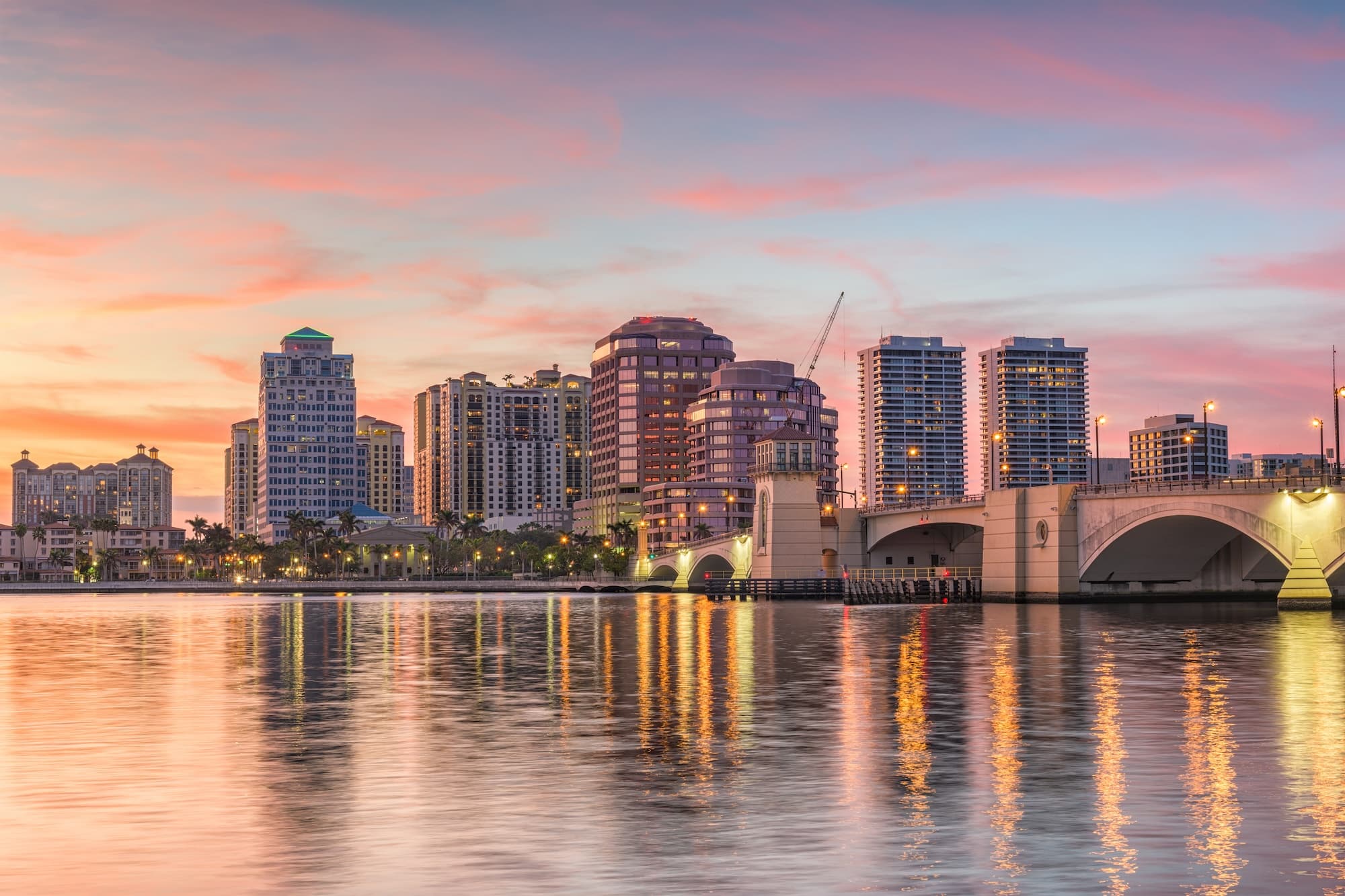 South Florida waterfront at sunset with modern buildings